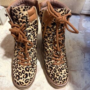 Leopard Print Lace-Up Combat Boots - Brown